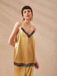 SHEIN 蕾絲邊緞面吊帶上衣 - 金色 - 查看 2
