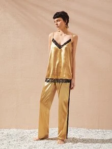 SHEIN 蕾絲邊緞面吊帶上衣 - 金色 - 查看 3