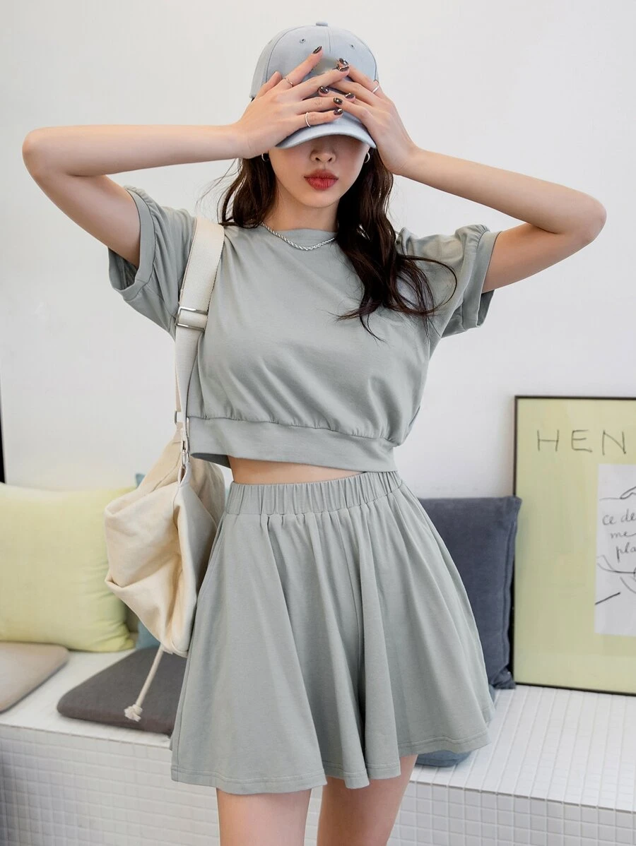 DAZY 泡泡袖套头衫和阔腿短裤夏季女式两件套家居服套装