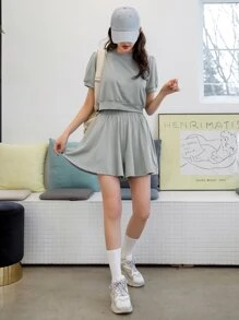 DAZY 泡泡袖套头衫和阔腿短裤夏季女式两件套家居服套装