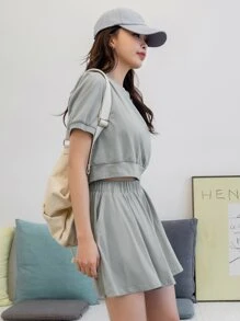 DAZY 泡泡袖套头衫和阔腿短裤夏季女式两件套家居服套装