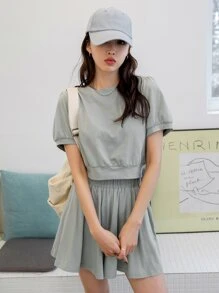 DAZY 泡泡袖套头衫和阔腿短裤夏季女式两件套家居服套装