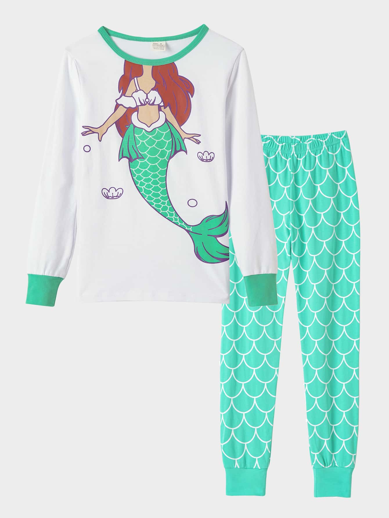 女孩卡通圖案滾邊T恤和魚鱗圖案長褲休閒服套裝 - 彩色 - 查看 1