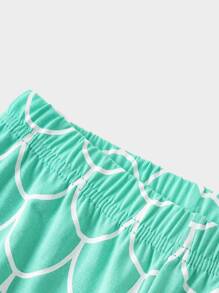 女孩卡通圖案滾邊T恤和魚鱗圖案長褲休閒服套裝 - 彩色 - 查看 4