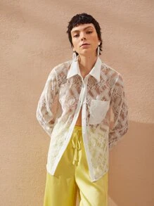 SHEIN 素色補丁貼口袋蕾絲襯衫 - 白色 - 查看 4