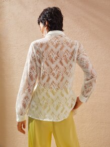 SHEIN 素色補丁貼口袋蕾絲襯衫 - 白色 - 查看 6