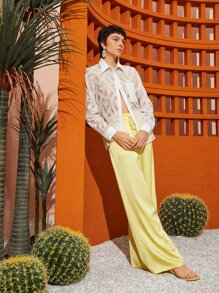 SHEIN 素色補丁貼口袋蕾絲襯衫 - 白色 - 查看 8