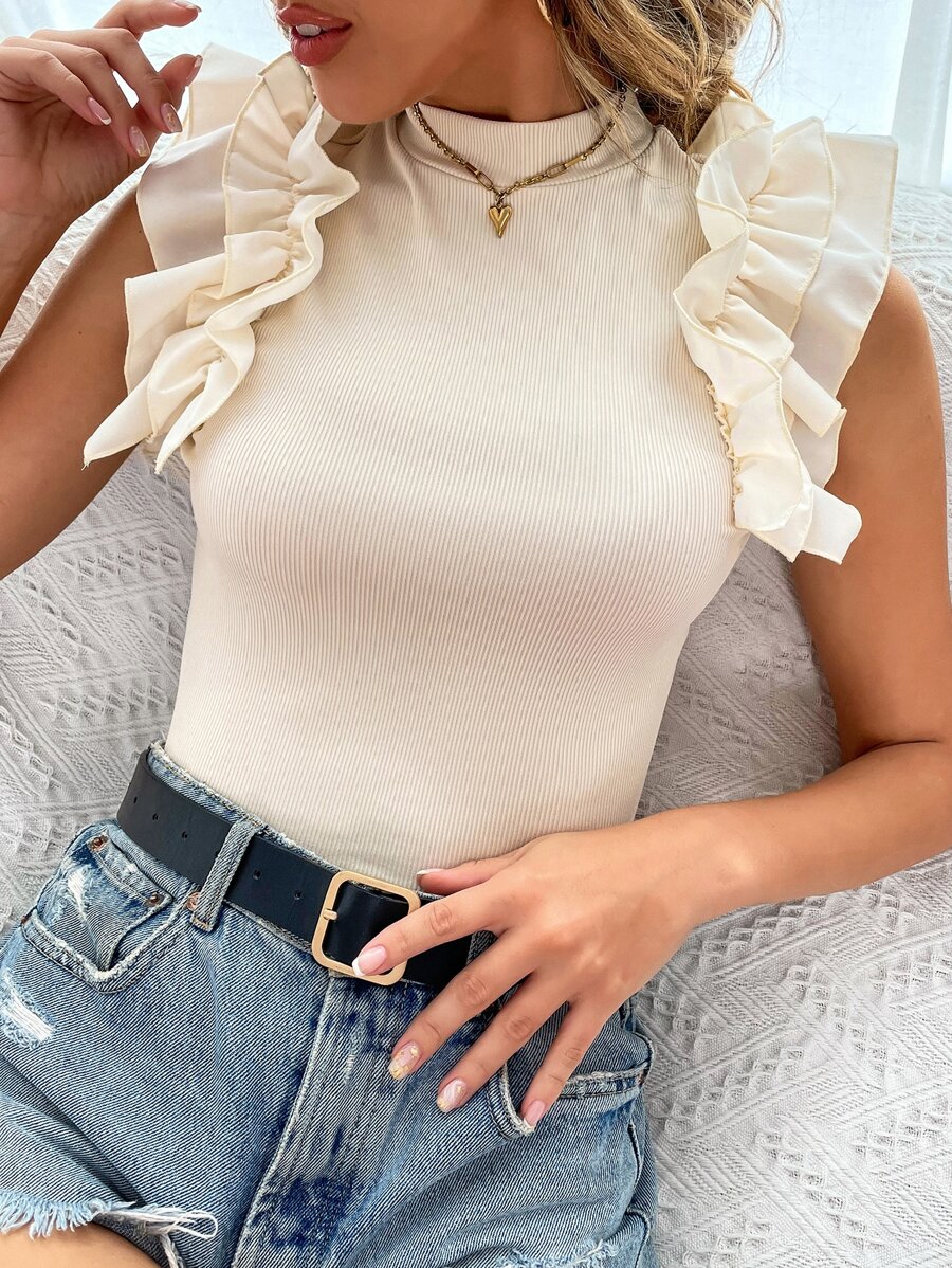 SHEIN Unity Mock Neck Ruffle Trim Tee - Beige - View 1