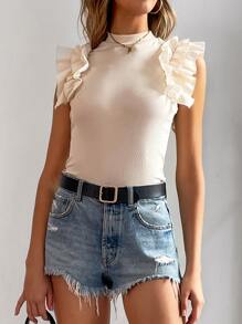 SHEIN Unity Mock Neck Ruffle Trim Tee - Beige - View 4