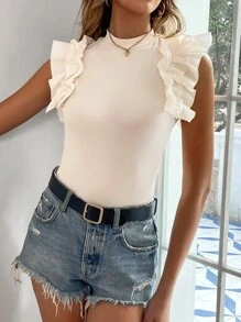 SHEIN Unity Mock Neck Ruffle Trim Tee - Beige - View 6