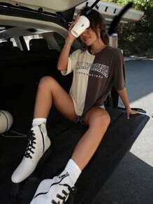 SHEIN Unity Áo thun nữ cổ tròn tay ngắn in chữ màu tương phản - Nhiều màu - Xem 4