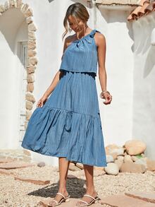 Vestido de un hombro bajo con fruncido - Neblina azul - Ver 3