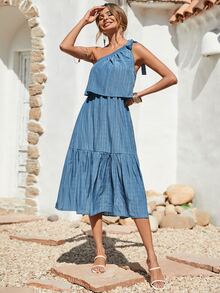 Vestido de un hombro bajo con fruncido - Neblina azul - Ver 4