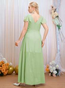SHEIN Belle Plus Butterfly Sleeve Ruffle Trim Wrap Chiffon Bridesmaid Dress - Lime Green - View 2