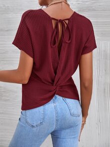 SHEIN LUNE Áo thun nữ Lộ Lưng Buộc lại xoắn lại màu trơn Giải trí - Màu Đỏ Sâu - Xem 1
