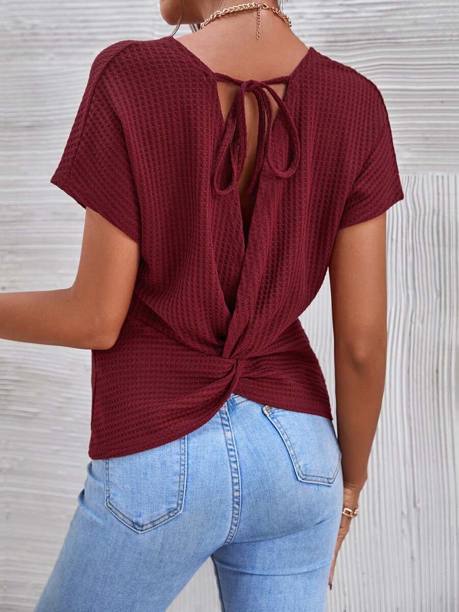 SHEIN LUNE Áo thun nữ Lộ Lưng Buộc lại xoắn lại màu trơn Giải trí - Màu Đỏ Sâu - Xem 1