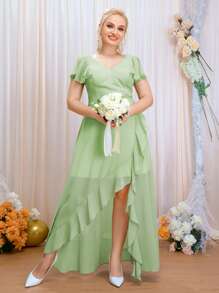 SHEIN Belle Plus Butterfly Sleeve Ruffle Trim Wrap Chiffon Bridesmaid Dress - Lime Green - View 3