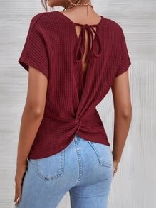 SHEIN LUNE Áo thun nữ Lộ Lưng Buộc lại xoắn lại màu trơn Giải trí - Màu Đỏ Sâu - Xem 3