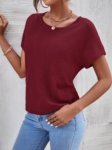 SHEIN LUNE Áo thun nữ Lộ Lưng Buộc lại xoắn lại màu trơn Giải trí - Màu Đỏ Sâu - Xem 4