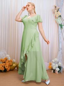 SHEIN Belle Plus Butterfly Sleeve Ruffle Trim Wrap Chiffon Bridesmaid Dress - Lime Green - View 6