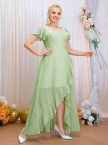 SHEIN Belle Plus Butterfly Sleeve Ruffle Trim Wrap Chiffon Bridesmaid Dress - Lime Green - View 7