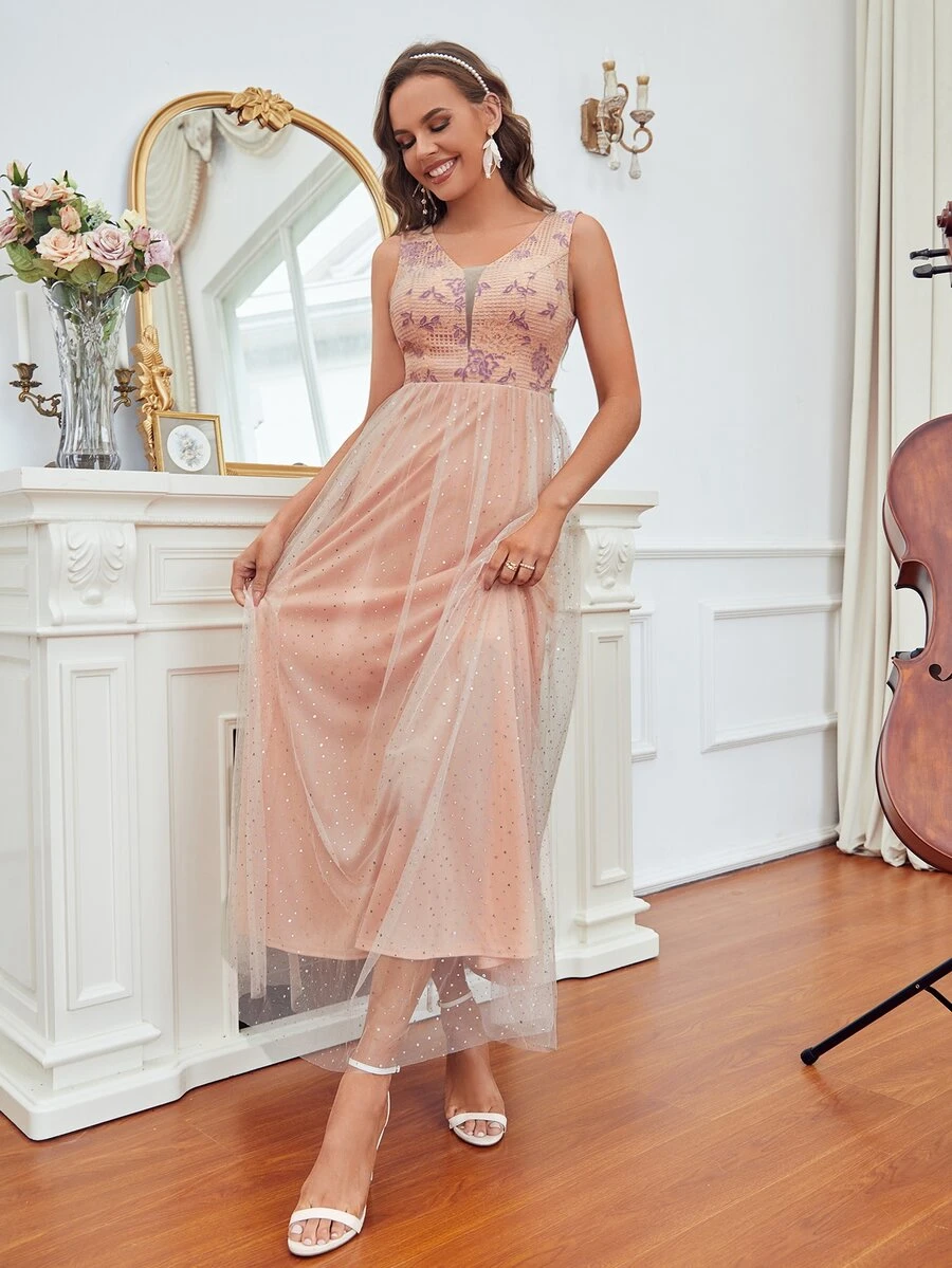 Contrast Sequin Mesh Overlay Sleeveless Bridesmaid Dress - Coral Pink - View 1