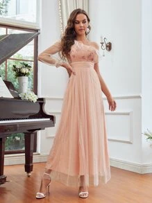 Vestido de dama de honor con encaje en contraste de un hombro ribete con fruncido de malla - Rosa coral - Ver 1