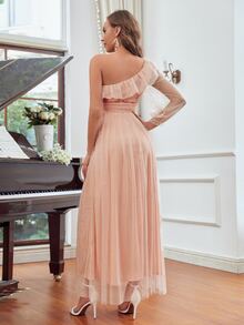 Vestido de dama de honor con encaje en contraste de un hombro ribete con fruncido de malla - Rosa coral - Ver 2