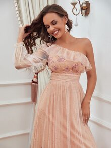 Vestido de dama de honor con encaje en contraste de un hombro ribete con fruncido de malla - Rosa coral - Ver 3