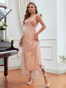 Contrast Sequin Mesh Overlay Sleeveless Bridesmaid Dress - Coral Pink - View 4