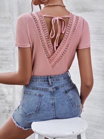 SHEIN Privé 水溶蕾絲拼接後綁帶T恤