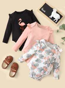 SHEIN Bebé 3 piezas Body tropical con flamenco con estampado ribete con fruncido - Multicolor - Ver 1