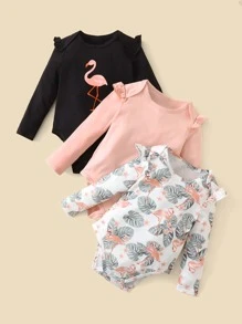 SHEIN Bebé 3 piezas Body tropical con flamenco con estampado ribete con fruncido - Multicolor - Ver 4