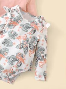SHEIN Bebé 3 piezas Body tropical con flamenco con estampado ribete con fruncido - Multicolor - Ver 5