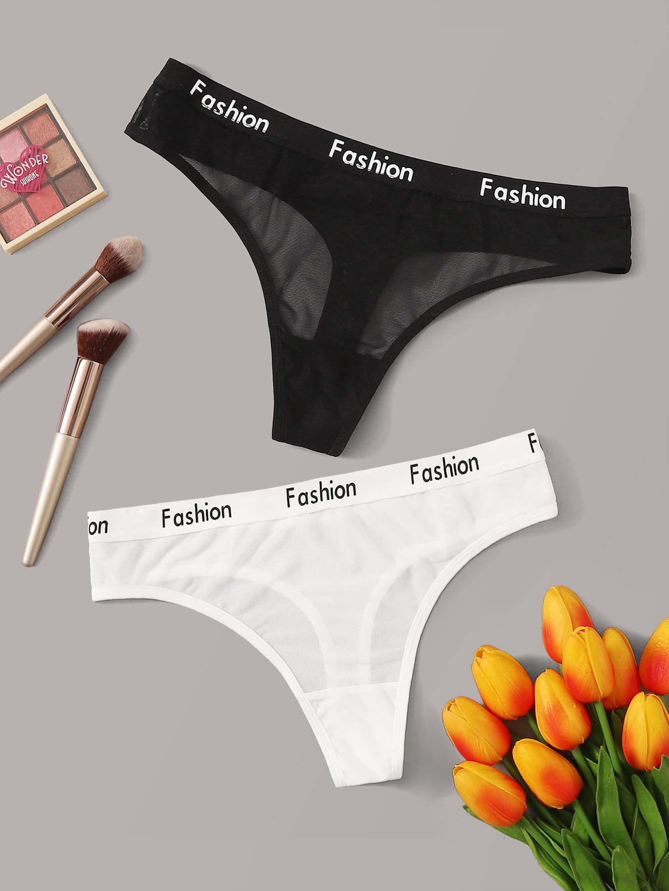 2 Packs Letter Tape Panty Set - Black and White - View 1