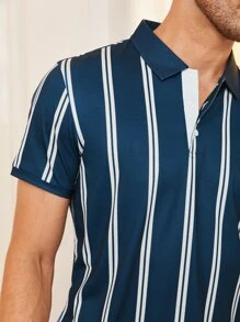 Manfinity Homme Men Striped Polo Shirt - Navy Blue - View 3