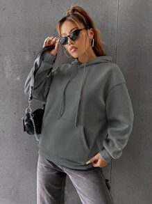 SHEIN Unity Dropped Shoulder Long Sleeve Graphic Print Hooded Casual Fleece Sweatshirt - Grey - View 2