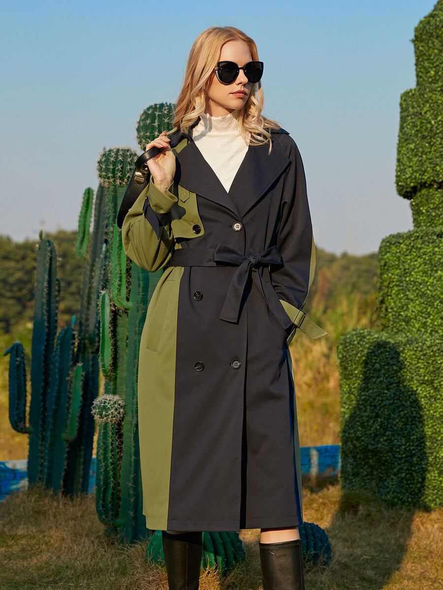 ZIAI Colourblock Lapel Collar Belted Trench Coat - Multicolor - View 1