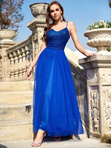 Giffniseti Vestido de vestir con lentejuela en contraste de malla - azul real - Ver 6