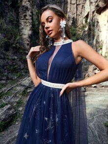 YISIKADO Galaxy Embroidery Backless Mesh Dress - Navy Blue - View 3
