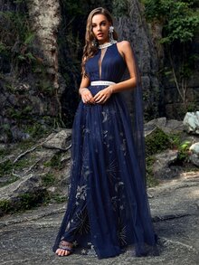 YISIKADO Galaxy Embroidery Backless Mesh Dress - Navy Blue - View 4