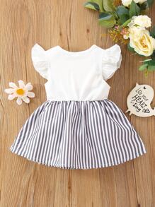 Baby Striped & Cartoon Graphic Bow Flutter Sleeve Dress - Black and White - View 2
