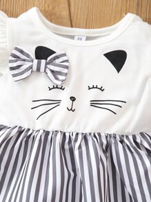 Baby Striped & Cartoon Graphic Bow Flutter Sleeve Dress - Black and White - View 3