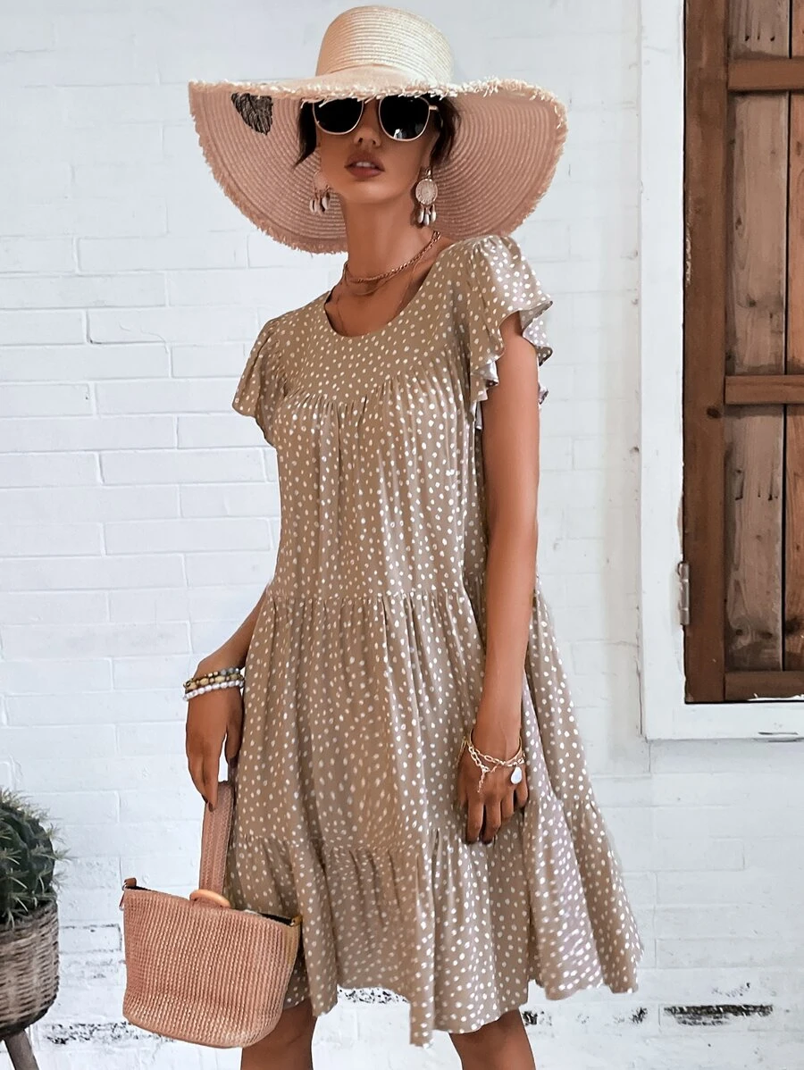 SHEIN LUNE Đầm Viên lá sen Chấm bi Giải trí - Màu be - Xem 1