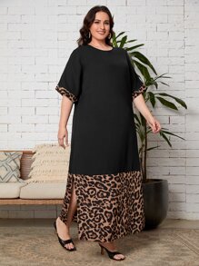 EMERY ROSE Vestido túnico con estampado de leopardo de manga murciélago de muslo con abertura - Negro - Ver 2