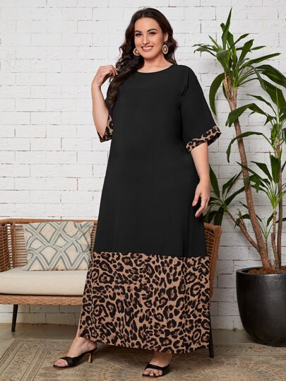 EMERY ROSE Plus Leopard Print Batwing Sleeve Split Thigh Tunic Dress
