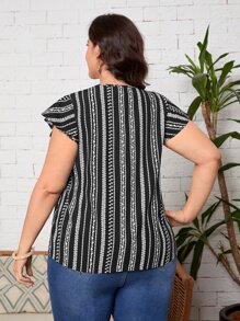 EMERY ROSE Plus Allover Print Ruffle Sleeve Blouse, Summer - Black and White - View 2