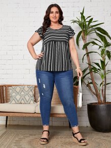 EMERY ROSE Plus Allover Print Ruffle Sleeve Blouse, Summer - Black and White - View 4