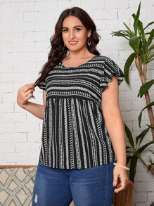 EMERY ROSE Plus Allover Print Ruffle Sleeve Blouse, Summer - Black and White - View 3