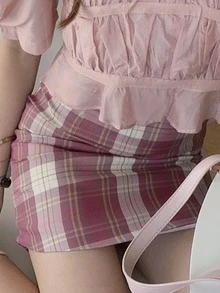 格子直筒半身裙 - 藕粉色 - 查看 3